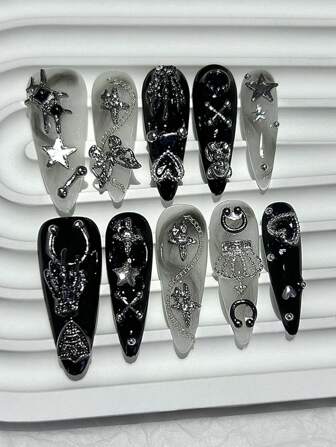 10 件 Menhera Hot Girl 手工按压指甲 Y2K 黑白渲染长尖美甲蝴蝶星皇冠酷假指甲杏仁指甲按压指甲长指甲用品（1 张果冻贴纸+1 个指甲锉）