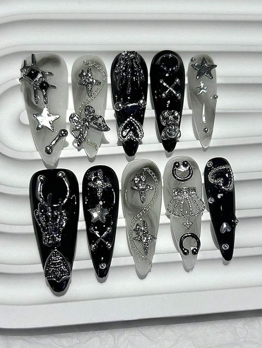 10 Stücke Menhera Hot Girl handgemachte Aufkleb-Nägel Y2K Schwarz Weiß Rendering lange Spitzen Nagelkunst Schmetterling Stern Krone cool Fake Nägel Mandelform Nägel Aufkleb-Nägel lange Nagelzubehör (1 Blatt Gelee Sticker + 1 Stück Nagelfeile)