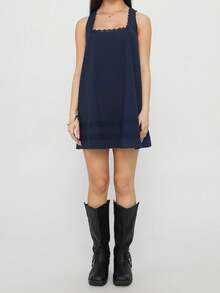 Vestido mini suelto informal de verano para mujer, con encaje y retazos, cuello cuadrado, sin mangas, para fiesta, playa, club, ropa de calle - Azul Marino - Ver 5