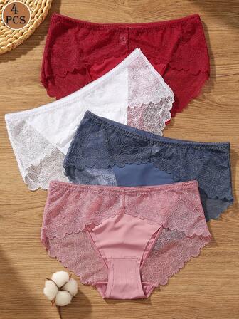 4pcs Women's Lace Patchwork Casual Comfortable Minimalist Solid Color Panties