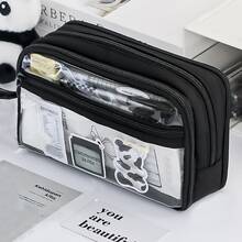 大容量铅笔盒 - 透明多层设计，便携式桌面收纳盒，柔软面料，多个隔层，适合办公室使用，耐用拉链。不含配件。适用于学校用品，返校