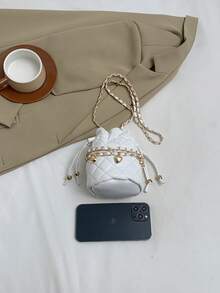 Solid Color Fashionable Rhombus Mini Drawstring Bucket PU Commuter Elegant Shoulder Bag For Women - Beige - View 5