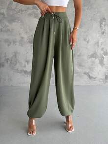 Modal Pleated Casual Pants, Solid Color - Khaki - View 1