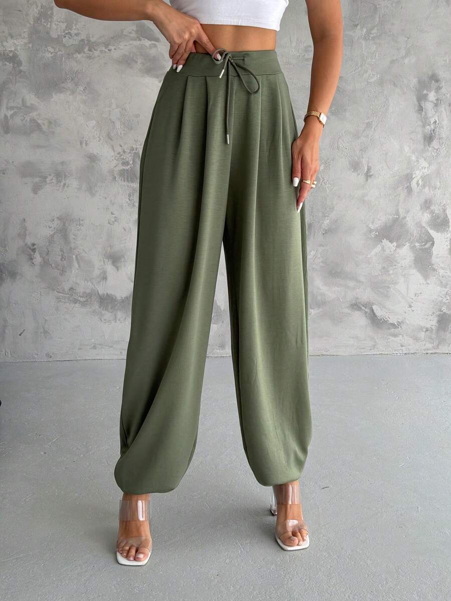 Modal Pleated Casual Pants, Solid Color - Khaki - View 1