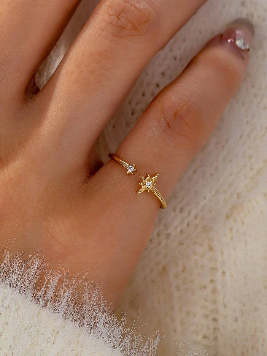 1pc Adjustable Gold-Color Star Shaped Ring, Inlaid Cubic Zirconia, Starry Ring, Women Jewelry - Gold - View 1