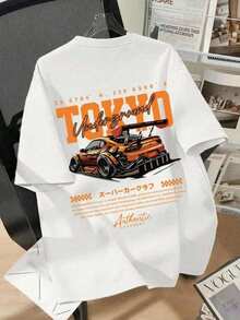 青少年男孩宽松大码休闲时尚赛车口号图案印花圆领短袖 T 恤百搭休闲运动青年夏季外套，适合学校、度假和购物服装，返校 - 白色 - 查看 4