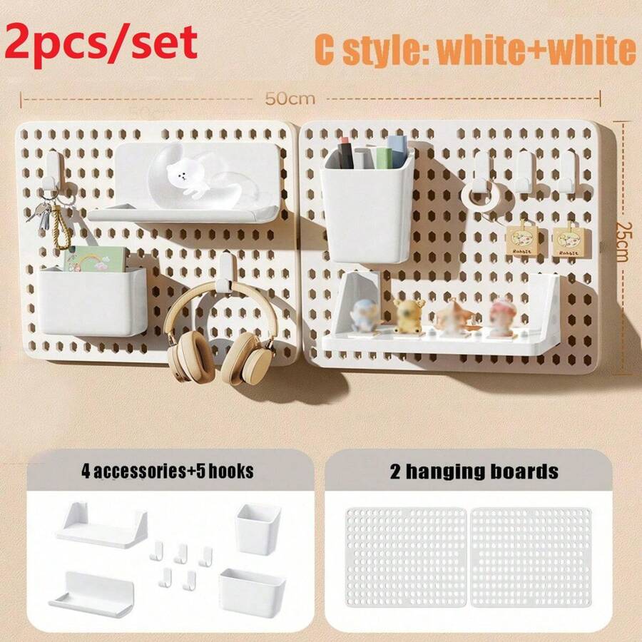 2 件/套家用钉板墙孔板面板装饰收纳架支架安装展示 DIY 工具收纳架浴室厨房挂板无需打孔厨房架子储物盒挂钩墙壁收纳架车库房间挂架储物挂钩墙壁收纳架无需打孔工艺品整理所需设备展示架适用于电子竞技爱好者游戏室装饰，配有 4 个配件和 5 个挂钩，2 个背面贴纸