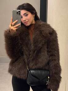 HH 女式冬季优雅纯色仿皮草效果长袖开衫外套女式休闲高街口袋外套 - 棕色 - 查看 2