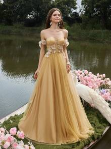 Faeriesty Robe de soirée élégante à épaules dénudées, dos nu et fente haute en mousseline de soie coupe évasée. Parfaite pour les grands galas, les réceptions de mariage de luxe, les premières d'opéra, les grands événements de bienfaisance, les fêtes du Nouvel An et autres occasions formelles. - Champagne - Voir 7