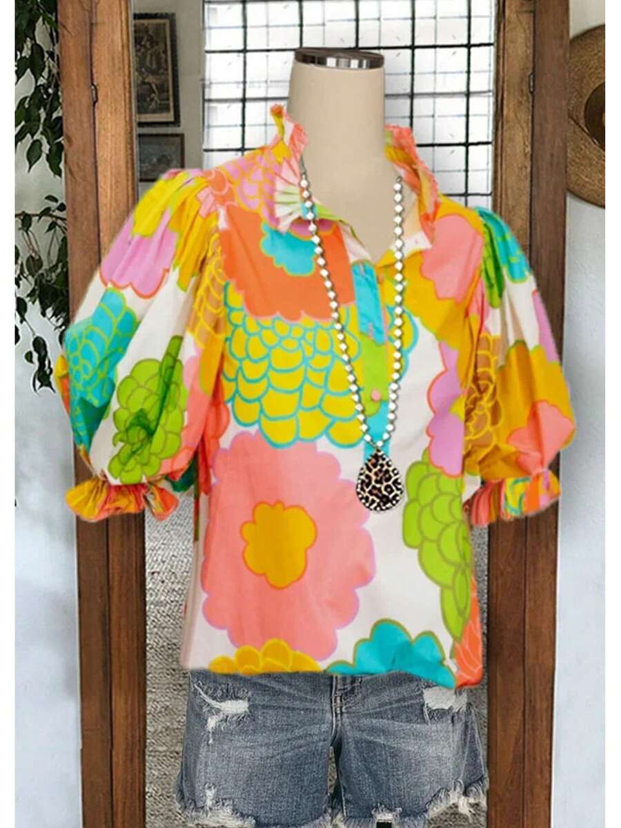 Women's Casual Fresh Flower Print Pleated Collar Cuffs V-Neck Shirt Short Sleeve Top - 彩色 - 查看 1