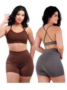 Work Fitness Kit 2 Set Bare Back Top With Cross Straps And Bermuda Shorts Basic Premium - Gray and Brown - View 1