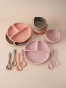 PopLittleOne 4PCS Baby Silicone Dinner Sets Color Contrast Plate Suction Bowl Eating Training Spoon Fork Colorful Baby Tableware Sets - Multicolor 1 - View 2