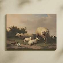 1pc Canvas Art Print,Sheep, Chicken, Grass, Sky, Bush  ,Wood Framed Painting (1) Thickness 2.5 Cm/ 1 Inch-Home Decoration For All Occasions,Ideal New Year, Valentine's Day,Thanksgiving,Easter,Christmas Gift,Room Decoration Aesthetic,Wall Decoration Art,Perfect Gift,Autumn And Winter Wall Decoration,Living Room Decoration, Bedroom Decoration, Kitchen Decoration, Entry Decoration, Bathroom Decoration, Direct Wall Painting, High Quality Wall Painting Poster,Modern Home Decoration Stretched And Framed Ready To Hang
