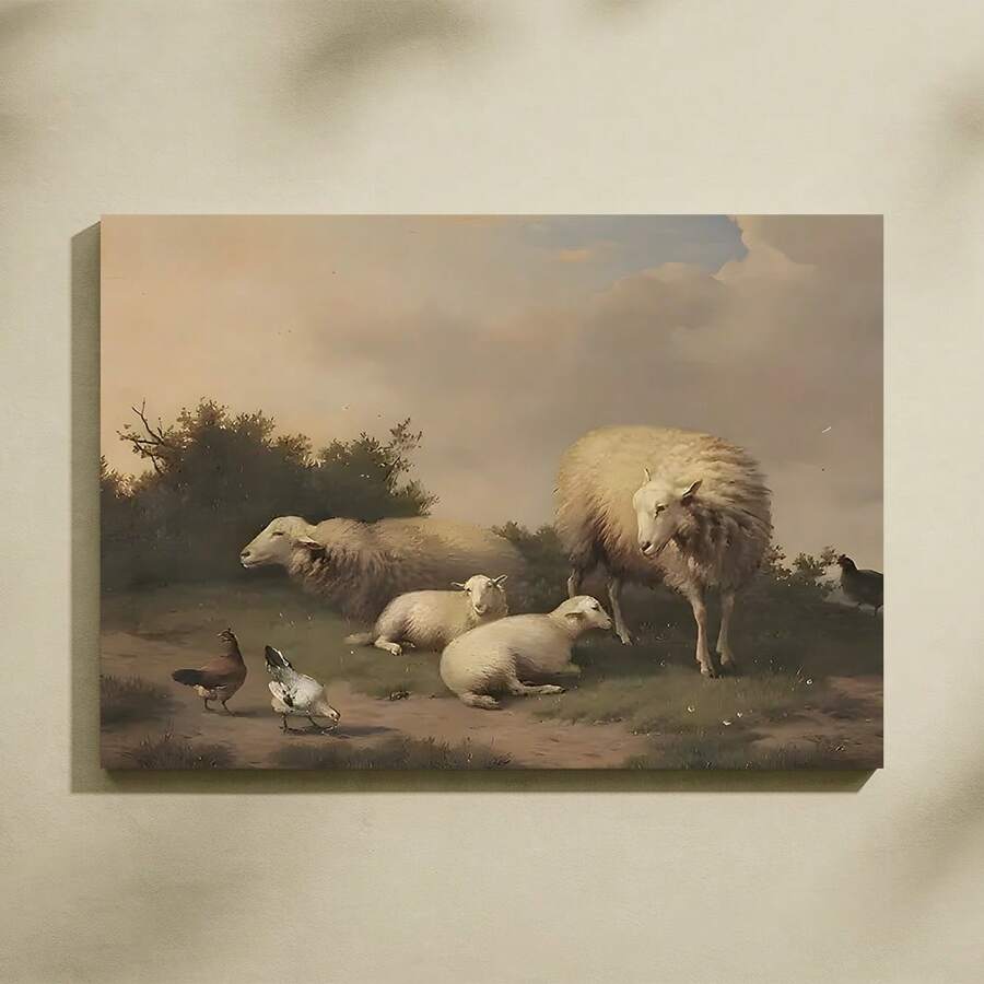 1pc Canvas Art Print,Sheep, Chicken, Grass, Sky, Bush  ,Wood Framed Painting (1) Thickness 2.5 Cm/ 1 Inch-Home Decoration For All Occasions,Ideal New Year, Valentine's Day,Thanksgiving,Easter,Christmas Gift,Room Decoration Aesthetic,Wall Decoration Art,Perfect Gift,Autumn And Winter Wall Decoration,Living Room Decoration, Bedroom Decoration, Kitchen Decoration, Entry Decoration, Bathroom Decoration, Direct Wall Painting, High Quality Wall Painting Poster,Modern Home Decoration Stretched And Framed Ready To Hang