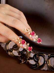 1 Pair Gothic Rings, Minimalist Cheongsam Style Finger Rings, Red Vintage Classical Hand Jewelry, Halloween Party Rings - Hot Pink - View 1