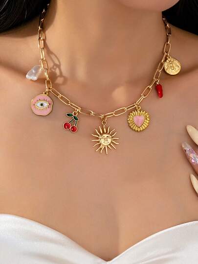 1 pieza Collar de estilo bohemio multicolor para vacaciones con colgante de ojo rosa, chile, ojo del diablo, corazón, cereza y perla barroca, adecuado para vacaciones, citas, fiestas, viajes, estilo callejero y uso diario