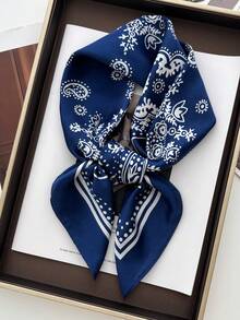 1pc Paisley Print 27.6in Silk-Like Bandana Scarf, Versatile Neck Scarf, Headwrap, Decoration For Men - Navy Blue - View 1