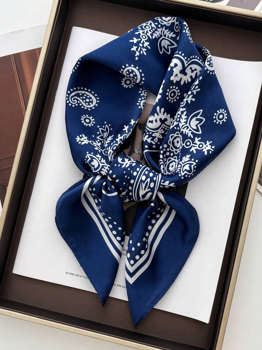1pc Paisley Print 27.6in Silk-Like Bandana Scarf, Versatile Neck Scarf, Headwrap, Decoration For Men - Navy Blue - View 1