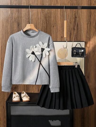 Left Mama 女童优雅复古3D花卉长袖T恤和百褶裙套装，春秋季