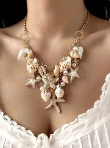 4pcs Women's Vintage Creative Elegant Fashion Metal Flower Decor Baroque Faux Pearl Necklace Set, Ocean Style Starfish Pendant Multilayer Necklace Set