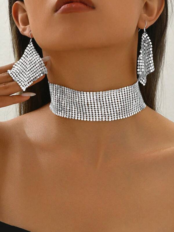 3pcs Metallic Sequin Punk Style Party Outfit, Suitable For Party And Street Wear