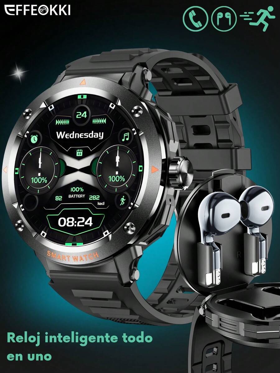 EFFEOKKI Men's 2-In-1 Smart Watch (With Earbuds) - Zinc Alloy Bezel, 1.46" Touchscreen, Supports Wireless Calling, Music Playback, NFC, Multiple Sports & Health Tracking Functions, Compatible With IOS/Android