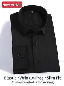 Men's Stretch Business Casual Shirt - Wrinkle-Free & Easy Care With Black Buttons | Comfort Formal & Daily Wear - 黑色 - 查看 2