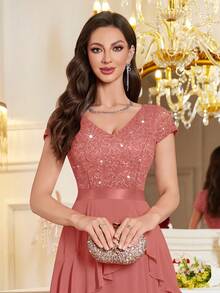 MIUSOL Sequin Floral Lace V-Neck Cap Sleeve Ruffle Trim Layered Hem Chiffon Evening Party Maxi Dress - Dusty Pink - View 9