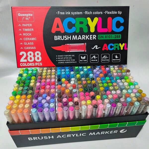 GuangNa New 288-Color Straight Liquid Acrylic Marker Pen Set, 288-Color Set + Storage Bag, Bright Colors, Quick Drying, Soft Brush Head For Smooth Writing, Suitable For Rock Surfaces, Wood, Plastic, Glass, Fabric, Metal, DIY Art Supplies, Back To School Supplies, The Best Choice For Back To School Gifts