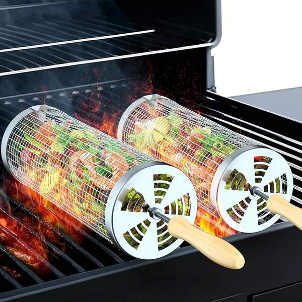 BBQ Grill Basket Round BBQ Cage Outdoor BBQ  Cage Portable BBQ Net Rotating Drum