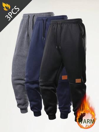 3 buc pantaloni casual pentru bărbați, cu talie elastică, îngroșați, căptușiți termic, toamnă/iarnă
