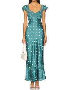 Women Y2K Lace Patchwork Mesh Maxi Dress Floral/Dot Print V Neck Cap Sleeve Bodycon Dress Summer Open Back Cutout Going Out Long Dress - 綠色 - 查看 1