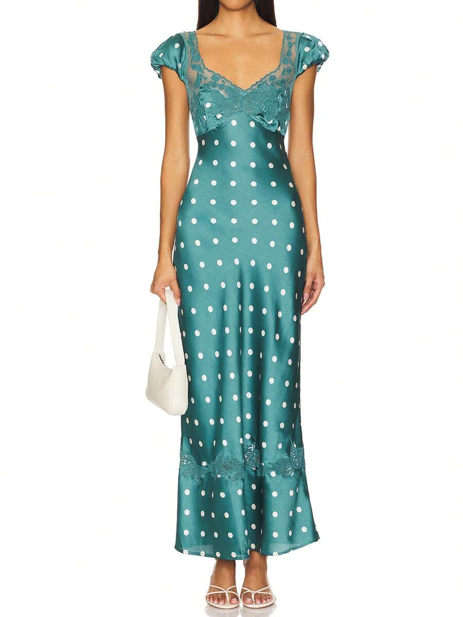 Women Y2K Lace Patchwork Mesh Maxi Dress Floral/Dot Print V Neck Cap Sleeve Bodycon Dress Summer Open Back Cutout Going Out Long Dress - 綠色 - 查看 1