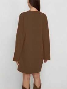 Women's Casual V-Neck Dropped Shoulder Long Sleeve Knitted Dress, Plus Size, Autumn/Winter - Caramel - View 2