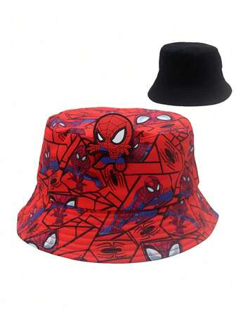 漫威1PC蜘蛛侠印花盆帽可戴双面卡通动漫周边太阳帽百搭盆帽送朋友节日礼物生日礼物