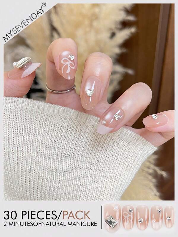 30 片按压式指甲杏仁法式指甲海滩必备女士/法式杏粉色指甲片配闪亮钻石珍珠蝴蝶结/附赠 1 块果冻胶和 1 条摩擦条美甲用品指甲