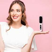 Cordless Hair Straightener Brush, Portable Negative Ion Hair Straightener Hot Comb, LCD Display Anti-Scald Hot Straightening Brush With 3 Heating Settings, USB Charging, Easy To Carry For Traveling Pink