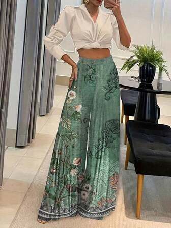 优雅花卉印花宽松阔腿裤，时尚复古风格，秋季新款，女士长裤，阔腿裤女