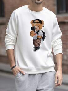 K-GLORY Men's Cute Cartoon Bear Print Crew Neck Sweatshirt, For Autumn/Winter - White - View 3