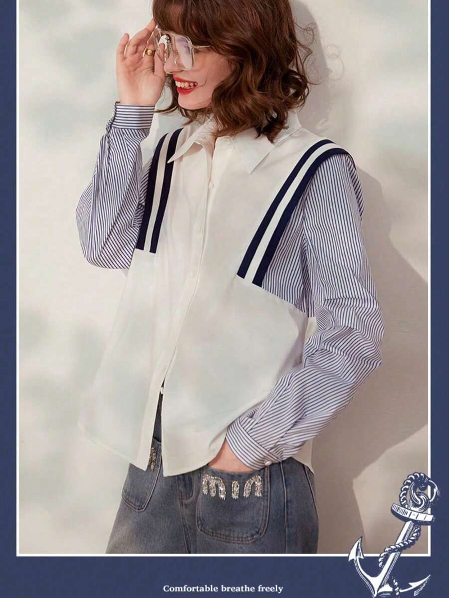 女士秋季服装，法式撞色长袖条纹衬衫，时尚优雅拼接长袖上衣，女士万圣节服装，女士办公室着装长袖秋季衬衫
