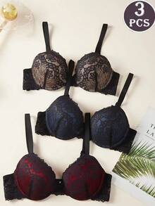 3-Piece Lace Flower Contrast Sexy Women's Underwear Bra, Thin Top And Thick Bottom Contrast Pattern, 3/4 Cup Size, With Steel Ring Bra Gathering And Shaping - 3件裝 - 查看 2