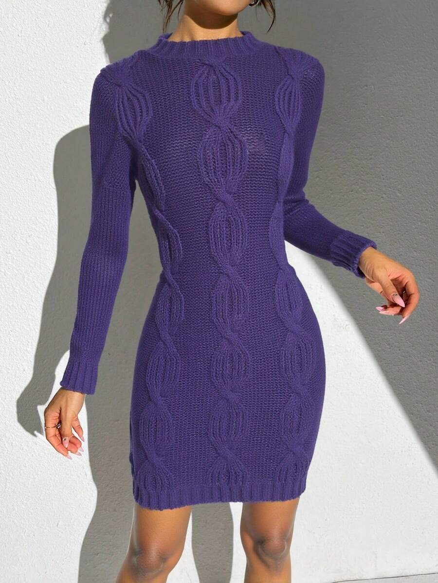 Vestido de punto Liso Rombos Casual Elegante Tejido similar a la lana Trenzado Canalé Noche de fiesta Casa Oficina Tener una cita otoño/invierno - Morado - Ver 1