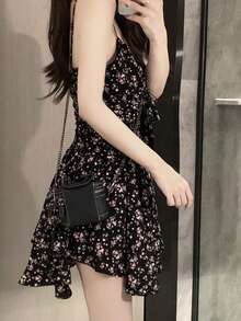 不对称碎花束腰黑色连衣裙，面料随机 - 藕粉色 - 查看 6