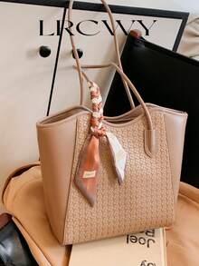 优雅托特包单肩包时尚鳄鱼压纹吊饰精致围巾商务办公大容量咖啡色 - 卡其色 - 查看 3