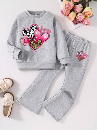 Toddler Heart Print Crew Neck Sweatshirt And Flare Pants Set