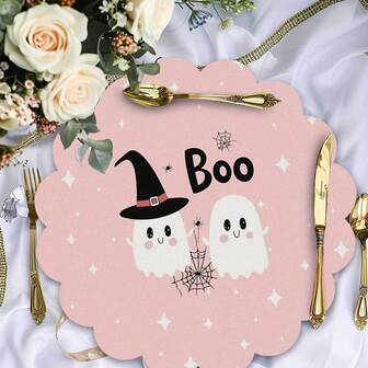 4pcs Pink Halloween Cute Pattern Round Placemats, Heat Resistant & Easy To Clean Tablemats, Suitable For Kitchen And Dining Table
