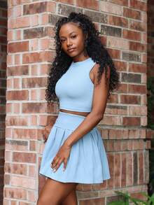 Steph T 2pcs Women Solid Color Tank Top And Pleated Skirt Set White Soft Relaxed Fit Elegant Summer Vacation Beach Warm Women - Baby Blue - View 5