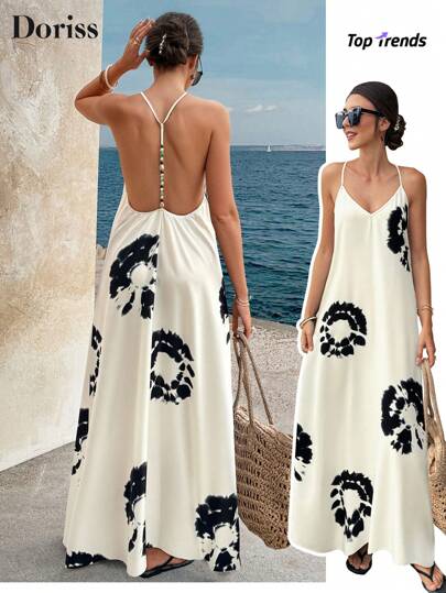 Vestido de tirantes con estampado de teñido anudado y cuentas sin espalda para mujer Doriss