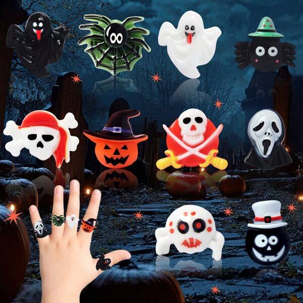 10 Stück Halloween Ring Set, Kürbis, Spinne, Geist, Teufel, Totenkopf, Fledermaus Ringe, kleine Halloween Geschenke, DIY Halloween Horror Requisiten, Halloween Party Dekorationen, kreative Geschenke passend für Halloween Kostüme