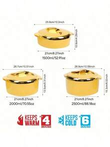 3 pezzi, Scaldavivande Tocco d'Oro, Set di Piatti Termici per Casseruole con Coperchi, Contenitore Isolato in Acciaio Inossidabile per Cibi Caldi e Freddi, Ciotola per Servire per Buffet, Set Scaldavivande per Pentole, Set Scaldavivande per Pentole, Set di Casseruole per la Tavola, per l'Ufficio